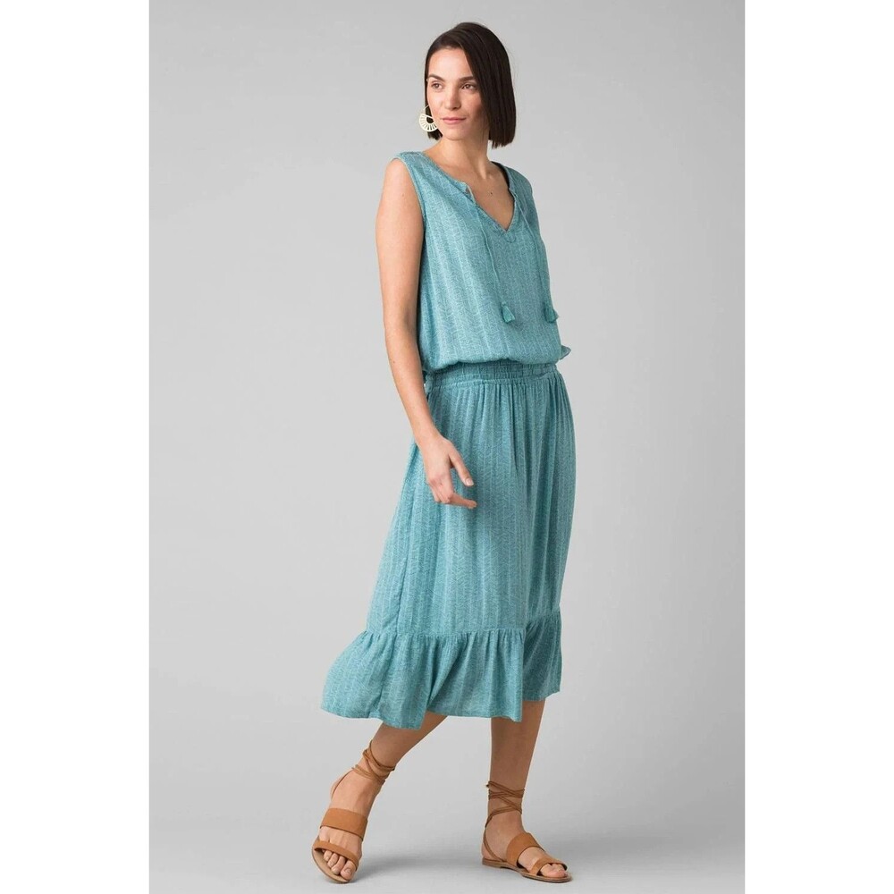 prAna Sentinel Midi Dress Drop Waist Sleeveless Blue Green Boho Coastal Size S